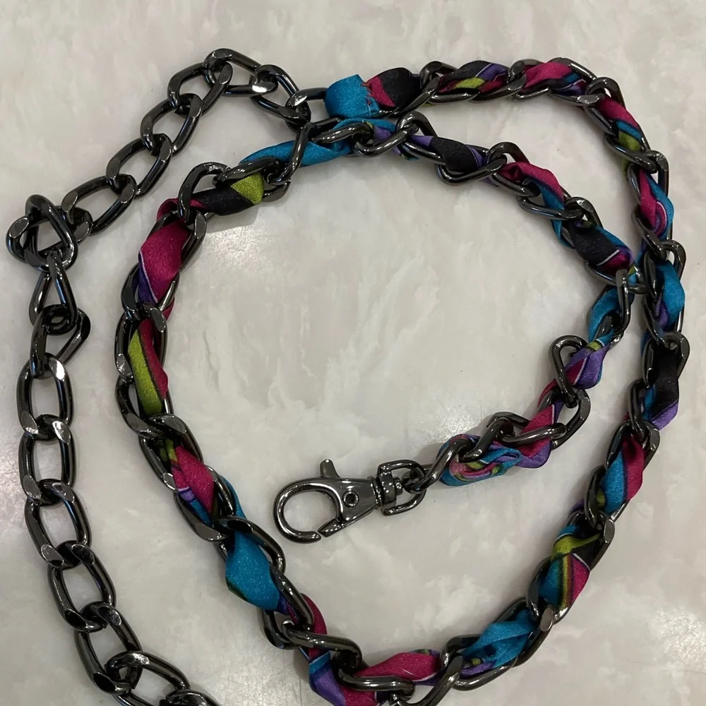 Heavy chain belt with colorful pucci style fabric intertwined, silver, black